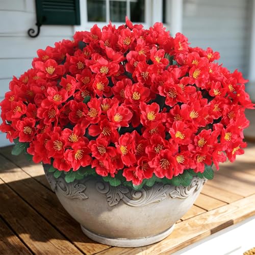 Juxdp 8 Bundles Artificial Camellia, Fake Silk Bouquet Flowers(Red) | Full＆Vibrant, Fade-resistant, UV-resistant＆Waterproof, for Front Door/Garden/Farmhouse/Outdoor/Home/Spring/Summer Decor - color: Red