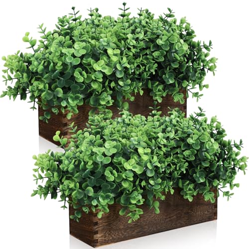 Lyrow 2 Pack Artificial Eucalyptus Plant in Rustic Rectangular Wooden Planter Box Greenery Faux Potted Herb Plant for Indoor Wedding Table Centerpiece(Emerald,11.4 x 3.7 x 7.8 Inches,Stylish Style) - color: Brown, size: 11.4 Inch, style: Emerald Green Rou
