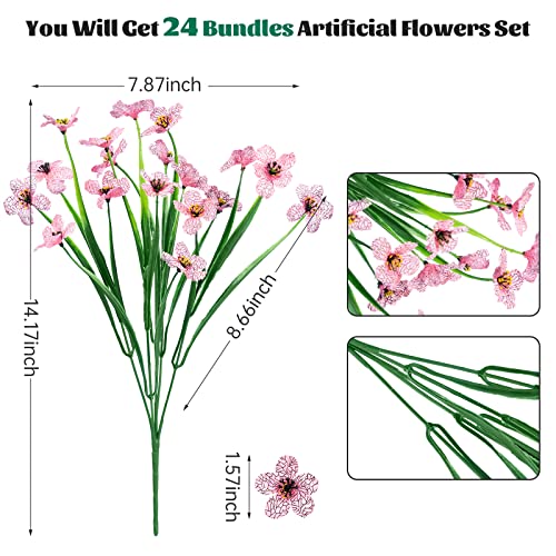 Lnoicy 24 Pcs Artificial Flowers for Outdoor,Plastic Flowers Decoration, UV Resistant Faux Flowers Shrubs, Artificial Plants for Indoor Outside Garden Home Wedding Farmhouse(Pink) - color: Pink, size: 24