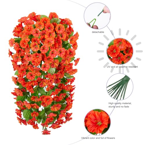 HyeFlora Artificial Fake Hanging Flowers Plants for Outdoor Outside Spring Decor, 2PCS Faux Silk Orange Morning Glory Trailing Vines UV Resistant Look Real for Home Planter Porch Patio - color: Orange 2