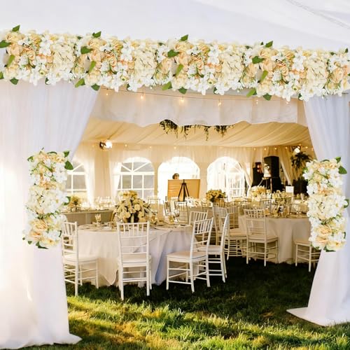 Wedding Arch Artificial Flowers Panels, 6pcs Silk Rose Floral Wall Backdrop, 13.8 x 13.8in Artificial Flowers Garland for Wedding Party Table Decoration, White (Champagne Color, 6 Pcs) - color: Champagne Color, size: 6 Pcs