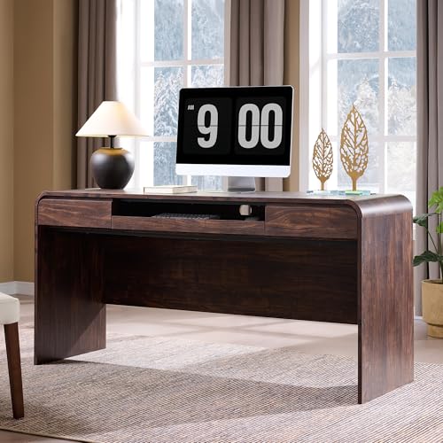 63" Modern Computer Desk with 2 Drawers, Wood Curved Executive Desk with Keyboard Tray & Power Outlet, Writing Desks with Storage for Home Office, Study Room, Living Room (Brown) - color: Brown