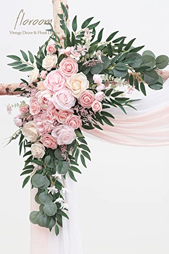 Floroom Arch Flowers with Drapes Kit (Pack of 4) - 2pcs Artificial Blush Pink Floral Swag Arrangement with 2pcs Draping Fabric for Wedding Ceremony Arbor and Reception Backdrop Decoration - color: Blush & Cream