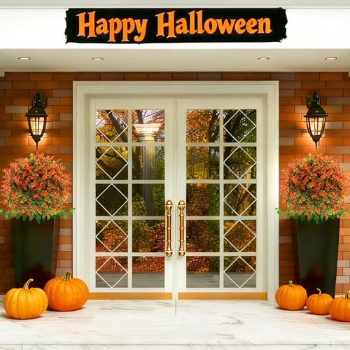 28" Artificial Fall Flower Bushes with Ground Stakes – Artificial Topiary Tree with Eucalyptus Orange Faux Floral Plants with Autumn Leaves for Outdoor Thanksgiving, Garden, Pathway, Porch Décor - color: Orange