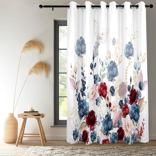 Renaiss Floral Blackout Curtains Watercolor Gray Blue and Red Peony Flower Bloossom Thermal Insulated Window Drapes for Bedroom 29W x 45L inches 2 Panel Set Window Curtains for Kitchen - color: Bold Red, size: 29"W x 45"L (Pack of 2)