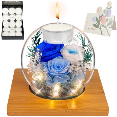 Preserved Blue Real Rose in Glass with Scented Candles – Forever Flower Romantic Anniversary Christmas Birthday Valentines Mothers Day Gifts for Mom, Women, Wife, Girlfriend, Her, Grandma - color: Glass-Blue