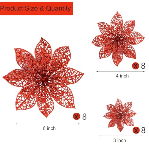 Wironlst 24 Pieces Glitter Poinsettia Flowers Christmas Tree Ornaments, Glitzy Poinsettia Bushes Christmas Decorations for Xmas/Holiday/Seasonal/Wedding (Red) - color: Red