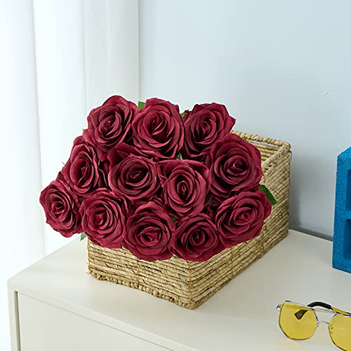 15pcs Artificial Rose Flowers Long Stem Burgundy Fake Silk Roses for DIY Wedding Bouquet Table Centerpiece Home Decor (VASE is NOT Included) - color: Burgundy