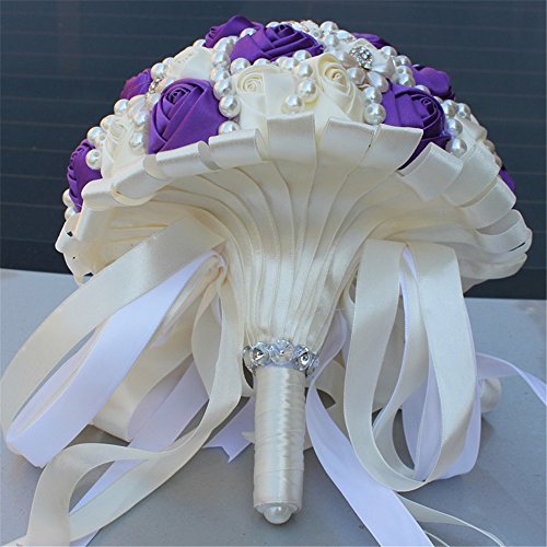USIX Handcraft Popular Satin Rose Rhinestone Brooch Flower Pearl Bridal Holding Wedding Bouquet Wedding Flower Arrangements Bridesmaid Bouquet(Purple+Ivory) - color: Purple+ivory