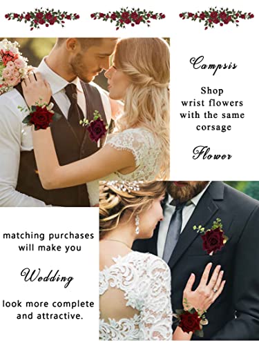 Campsis Red Rose Wrist Corsage, Gold-Accented Artificial Flowers with Satin Ribbon, Set of 2, Wedding and Prom Formal Wear