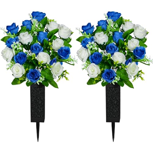 Artificial Cemetery Flowers, Set of 2 Grave Memorial Flowers with Vase, Artificial Rose Bouquet for Cemetery Headstones Gravesites Decoration (Dark Blue & White) - color: Dark Blue & White