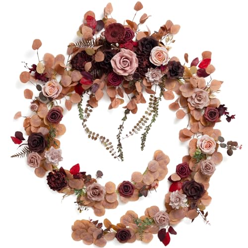 Ling's moment 9FT Eucalyptus and Willow Leaf Garland with White Flower, Handcrafted Wedding Sweetheart Table Centerpieces Head Table Decor Arch Backdrop Decorations for Wedding | Burgundy & Dusty rose - color: Red-burgundy & Peach Rose