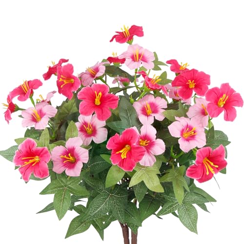 2 Pcs Artificial Flowers for Outdoors Fake Plants Outside Spring Summer Decoration Realistic Silk Morning Glory UV Resistant Faux Flowers for Planter Patio Yard Garden Front Porch Pink Rose Red - color: Pink, Rose Red