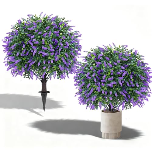 2 Pack 25" Artificial Lavender Topiary Ball Tree for Outdoors Faux Evergreen Shrubs Plants with Ground Spike UV Resistant Fake Bushes Ball Trees for Outdoor Indoor Home Porch Patio Decoration - color: Purple Lavender