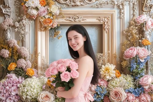 6X4ft Retro Wall Wedding Backdrops Frame Style Colorful Flowers Wall Background Medieval Building Photo Background for Mothers Day Bridal Baby Shower Birthday Girls Women Decoration Backdrop - color: Multi, size: 6X4ft