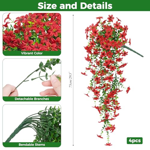 Roberly 4 Pcs Artificial Hanging Flowers for Outdoors, Realistic Faux Silk Flowers UV Resistant Fake Greenery Plants for Spring Summer Garden Porch Indoor Outdoor Home Decor, Red - color: Red