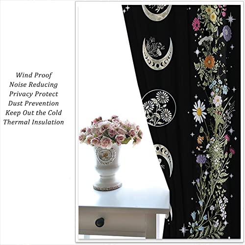 Boho Floral Wildflower Rod Pocket Blackout Curtains for Boy Girl Bedroom,Retro Moon Phase Moonlit Garden Witchy Gothic Aesthetic Thermal Insulated Home Window Drapes for Living Room Darkening,42x45in - color: Boho Floral Wildflower-004, size: 42"W x 45"L