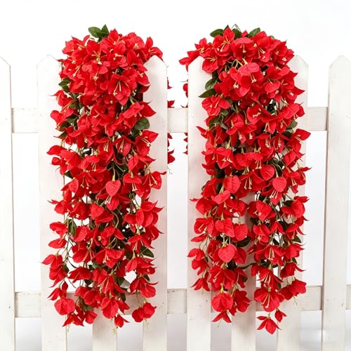 4 Pack Artificial Bougainvillea Hanging Flowers UV Resistant Long Trailing Silk Vines, Realistic Fake Plants for Outdoor Porch, Patio, Balcony, Yard & Planter Decor（Red） - color: 4pack