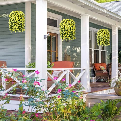 Artificial Faux Hanging Flowers Plants Baskets for Outdoor Outside, Fake Silk Yellow Orchid Trailing Vines in Planter Realistic UV Resistant for Balcony Porch Decor - color: Yellow