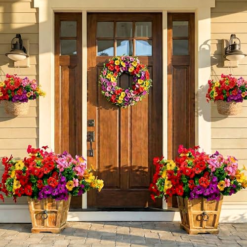 Artificial Flowers for Outdoors, Faux Plants Flowers, 16 Bundles Silk Colorful Fake Flowers Eucalyptus Realistic UV Resistant for Outside Home Planter Porch Patio Yard Decor (16, 4 Colors Flowers) - color: 4 Colors - 2