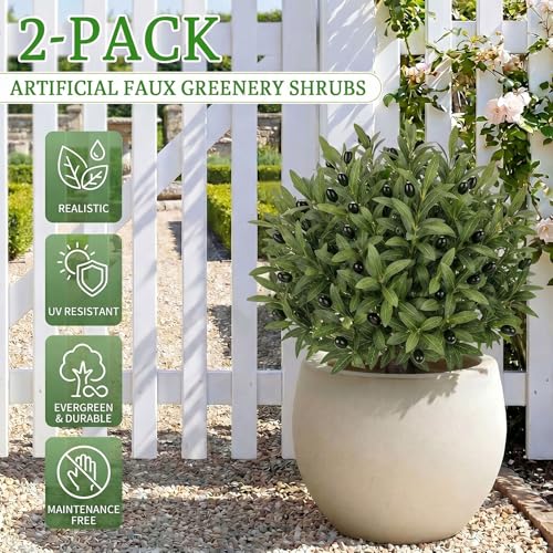 Artificial Olive Branch and Fruit Topiary Trees with Spikes for Outdoor 23" Set of 2, UV Resistant Faux Greenery Shrubs, Realistic Fake Bushes Plant for Garden Yard Front Porch Patio Decor - color: Olive
