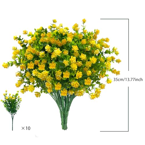 10 Bundles Artificial Fall Flowers for Outdoors,UV Resistant Fake Plastic Plants Artificial Shrubs Spring Flowers Decor of Vase and Outside Window Box, Ferns Plants for Planter-Yellow - color: Yellow, size: 10PCS