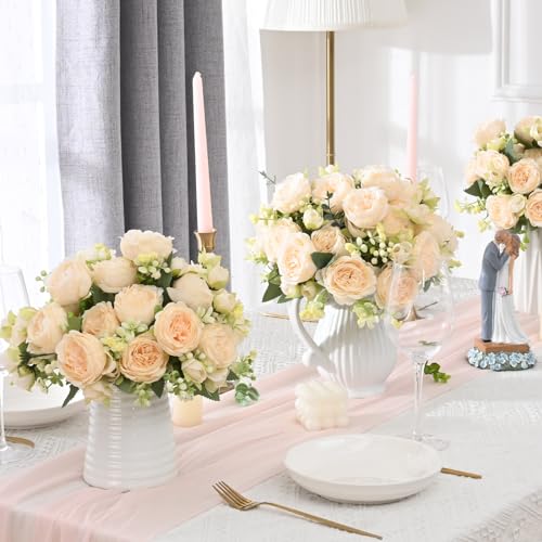 MARTINE MALL 4 Packs Peonies Artificial Flowers, Champagne Artificial Peonies, Silk Peonies Flowers Fake Peonies Artificial Flowers Peonies Bouquet for Centerpiece Table Wedding Party Home Decor - color: Champagne, size: 4PCS
