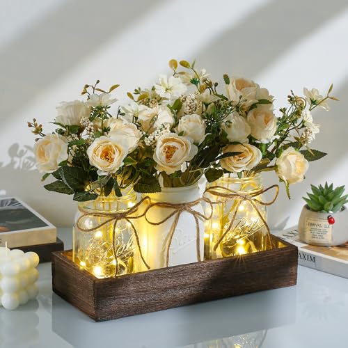 Centerpieces for Tables Coffee Table Centerpiece Decor with Wood Tray for Kitchen Decor Home Living Room Decor Rustic Farmhouse Decor,White - color: white