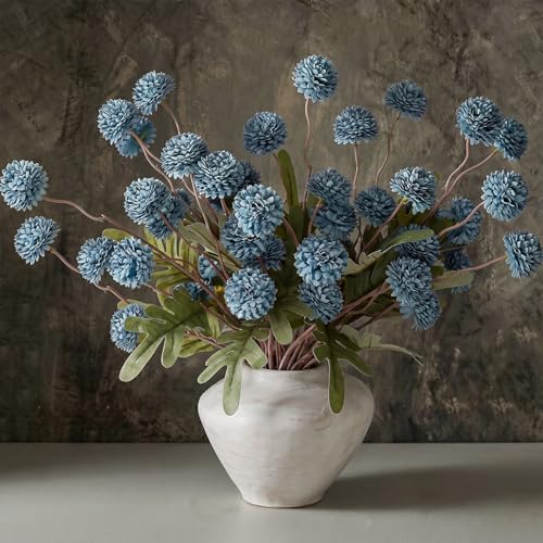 9pcs Fake Flowers Silk Mini Mums with Stems, Dusty Blue Faux Chrysanthemum Pompon Balls Artificial Flower Bulk for DIY Wedding Centerpieces, Vase Fillers, Floral Arrangements & Home Decor - color: Dusty Blue