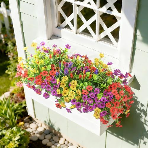 Artificial Flowers for Outdoors, 14 Bundles UV Resistant Fake Silk Flowers with Greenery Grass Lavendar Faux Plants Planter for Summer Decoration Porch Patio Yard Home Decor - color: Mixd Colors With Lavender Greenery Grass
