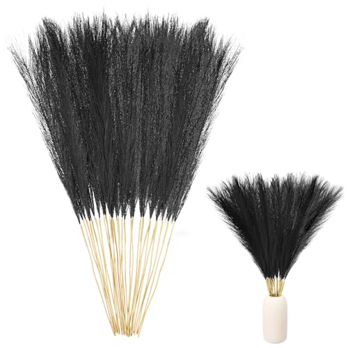 Ptwola 30pcs Black Pampas Grass Decor 17.7 Inch Fluffy Faux Pampas Grass Artificial Dried Flower Bouquet Small Vase Filler Home Decor for Gothic Living Room Decoration Wedding Halloween Party Wall