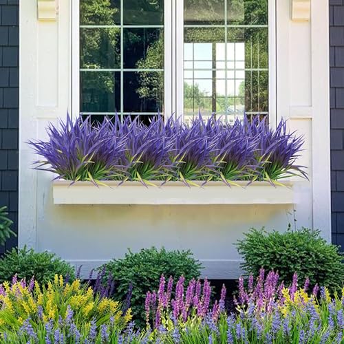 Outdoor Artificial Plants 8 Bundles Fake Plants Grass UV Resistant Fake Flowers Bush Greenery,17Inch Tall Faux Grass Shrubs for Home Porch Pathway Garden Décor Outside Indoor (Purple) - color: Purple