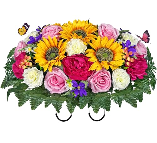 Artificial Cemetery Flowers Saddle and Headstone Flower Saddle -Pink Roses Sunflower Hibiscus Mix Bouquet, Sympathy & Memorial Flower