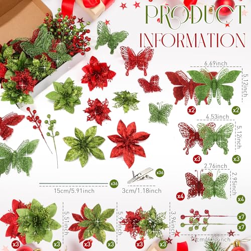 Thiccywoov 122 Pcs Christmas Glitter Poinsettia Artificial Flowers Berry Picks Butterfly Christmas Tree Ornaments 3 Styles Poinsettia kit with Clip for Xmas Wreath Home Tree Decor(Red, Green) - color: Red, Green