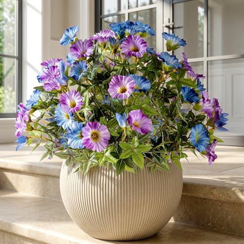 Blue Purple Artificial Morning Glory Flowers for Outdoor Planters, Premium UV Resistant Silk Faux Flowers for Porch, Hanging Basket & Window Box, Cottage Garden Decor, No Pot, 13.3 Inch, 4 Bundles - color: Blue Purple 4pcs