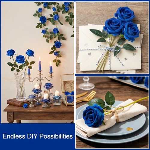 50 PCS Blue Roses Artificial Flowers, Fake Roses with Stem Realistic Silk Roses for DIY Wedding Bouquets Tables Centerpieces Arrangements Baby Shower Birthday Home Decor Independence Day Gift for Her - color: Blue