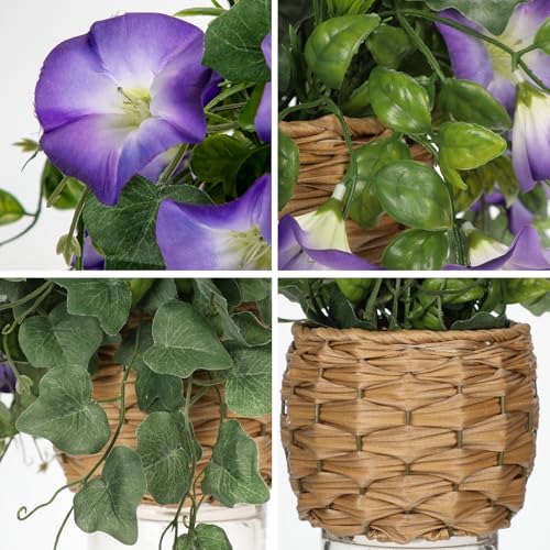 Briful Faux Floral Centerpieces with Rattan Basket Artificial Potted Morning Glory Silk Flowers Fake Flower Arrangement for Home Office Dining Room Table Wedding Party Decor(Purple) - color: Purple