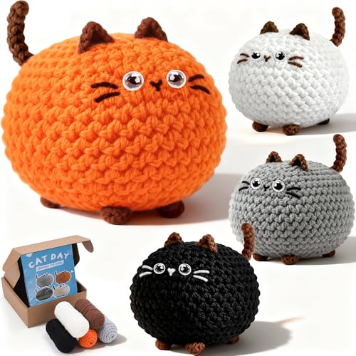 Joyclub Crochet Kit for Beginners 4 PCS Cat Family Learn to Crochet Kit with Step-by-Step Video Tutorials 40% Extra Yarn DIY Craft Gift Amigurumi Crochet Starter for Adults Knitting Lovers Mom Teacher - color: Crochet Cat