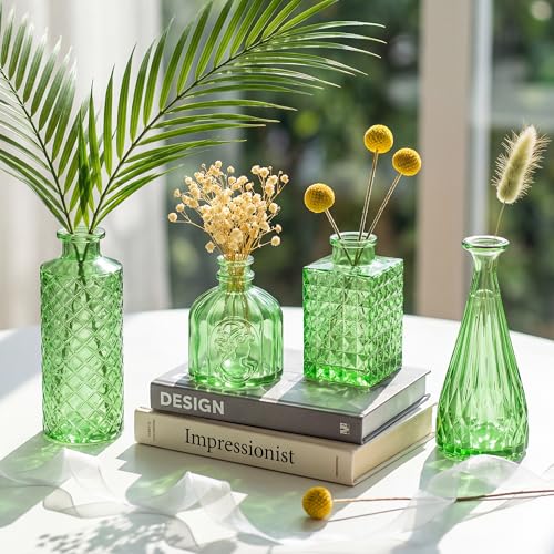 12 Pcs Green Bud Vases Set, Armber Small Vintage Glass Clear Bud Flower Vases Bulk Multiple Shape Cute Mini Glass Bottles Vases for Rustic Wedding Centerpieces Table Decorations and Home Decor - color: Green