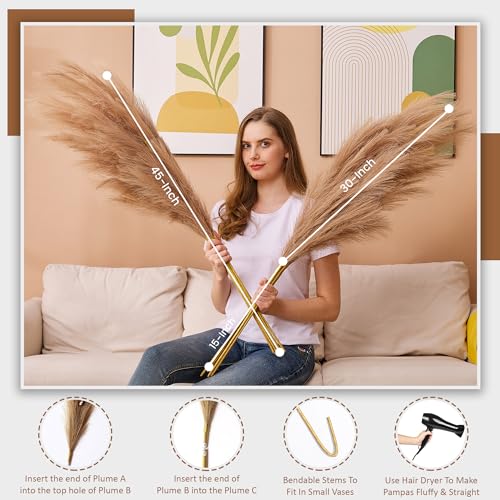 7 Pcs 45" Faux Pampas Grass – Fluffy Artificial Pompous Grass for Tall Floor Vase, Non-Shedding Home Decor, Boho Wedding Flowers, Baby Shower Centerpieces, Bedroom & Living Room Decor (Brown) - color: Brown