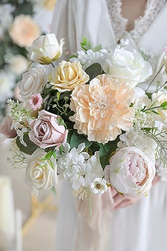 YYHUAWU Artificial Flowers Combo Set Fake Flower Leaf Box with Stems for DIY Wedding Bouquets Centerpieces Arrangements Baby Shower Party Home Decorations (Ivory & Champagne) - color: Ivory & Champagne