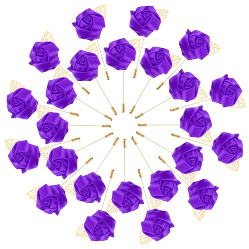 M METERXITY 48-Pack Flower Lapel Pins for Men, Golden Leaf Rose Boutonnieres Pin Groom Boutonnieres for Wedding/Dance/Party, Men Lapel Pins for Suits Satin Flower Corsage [Deep Purple] - color: Deep Purple