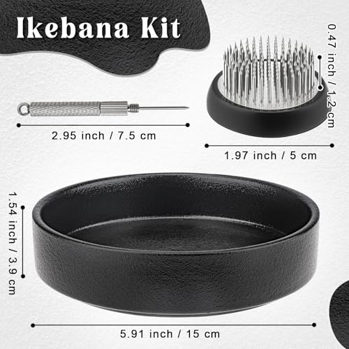 Folmywy Japanese Ikebana Vase Kit Flower Frog Flower Arrangement with 1.97 Inch Kenzan Black Ceramic Round Floral Bowl for Ikebana Teaching Aids DIY Art Supplies Table Decor - color: Black With 1.97inch Kenzan