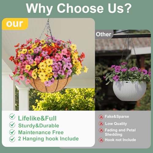Artificial Outdoors Flowers with Hanging Basket, UV Resistant Fake Hanging Flowers, Faux Silk Plants with Planters for Porch Home Patio Balcony Yard (Rose Red, Purple, Yellow, Red) - color: 4 Multicolor, size: 1PCS