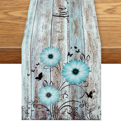 Daisy Floral Table Runner, Rustic Blue Wild Flowers Floral Wooden Boho Butterfly Spring Coffee Table Center Decor for Family Kitchen Outdoor Farmhouse Holiday Party Table Decorations, 13"x36" - color: Daisy-1, size: 13“ X 36"