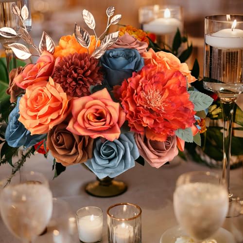 AGIRL Artificial Flowers Combo Silk Mix Teal Orange Fake Flower with Stems for DIY Wedding Bouquets Centerpieces Arrangements Table Chair Decor Baby Shower Home Decor (Teal Orange) - color: Teal Orange