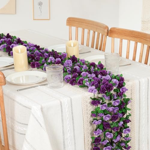 KHOYIME 18 Pack 144 FT Artificial Flower Garland, Fake Purple Roses Vines Silk Flowers Faux Plastic Outdoor Hanging Floral Ivy Garland Decoration for Wedding Arch Bedroom Home Wall Backdrop Room Decor - color: Purple, size: 18pcs