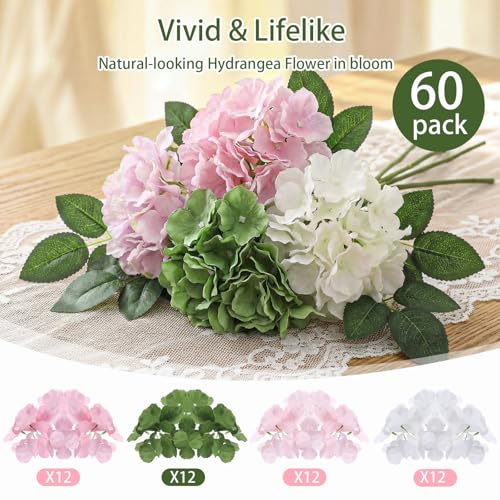 Suncalla 60 Pcs Artificial Hydrangea Flowers Bulk Silk Hydrangea Full Flowers Heads with Stems for Wedding, Home Table Centerpieces, Garden, Baby Shower, Party Decoration(Pink,Green) - color: Pink,green