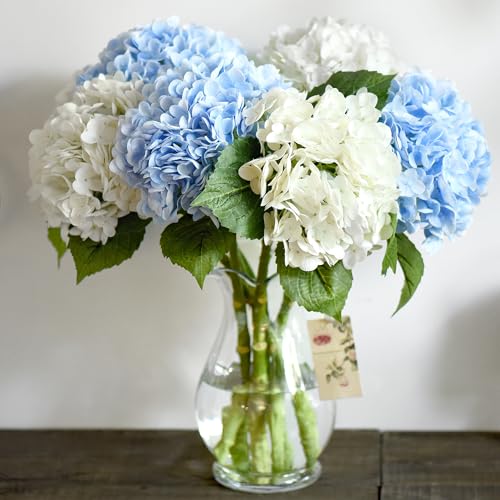 FiveSeasonStuff Real Touch Silk Hydrangea Flowers, 2 Large Long Stem Artificial Flowers for Floral Arrangements (Mixed Summer White & Heavenly Blue) - color: Mixed Summer White + Heavenly Blue