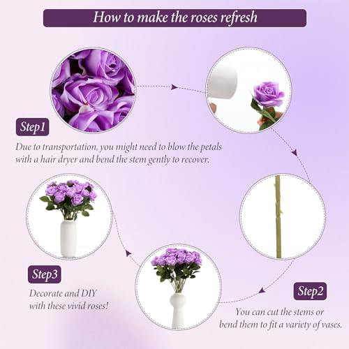 Hotop 20 Pcs Artificial Rose Flowers with Long Stem,Real Lifelike Silk Realistic Plastic Bouquet Roses Bulk for Home Decor Bridal Wedding Party Table Centerpieces Decorations(Purple) - color: Purple